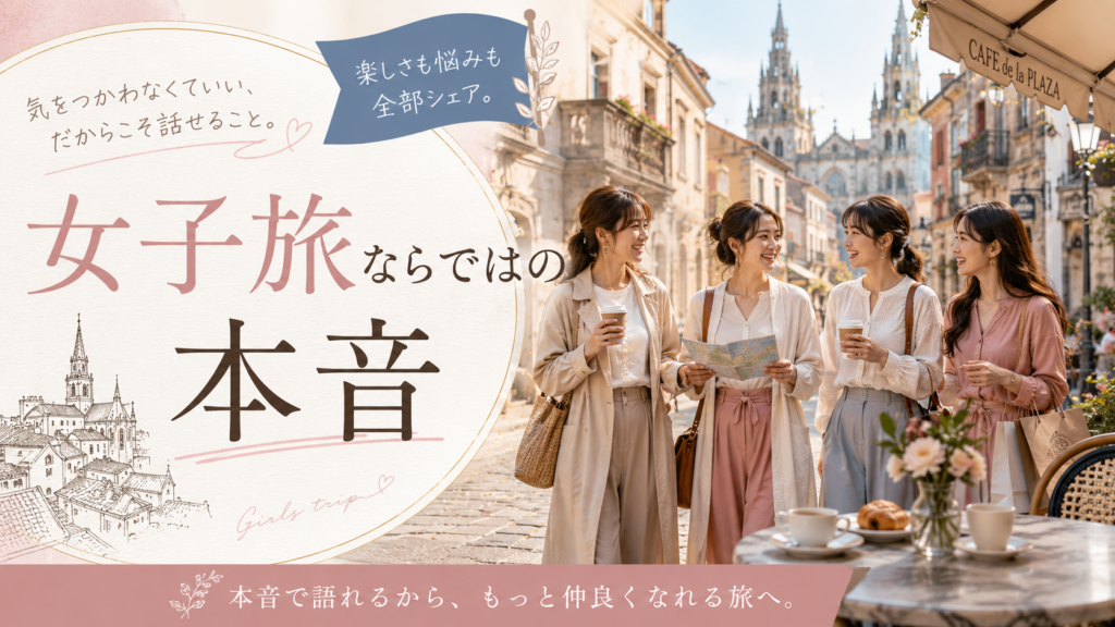 ヨーロッパの歴史ある街並みを歩きながら、地図や飲み物を手に笑顔で会話する4人の日本人女性を描いた見出し画像。「女子旅ならではの本音」と書かれ、旅の楽しさや悩みを率直に語り合う様子を表している。