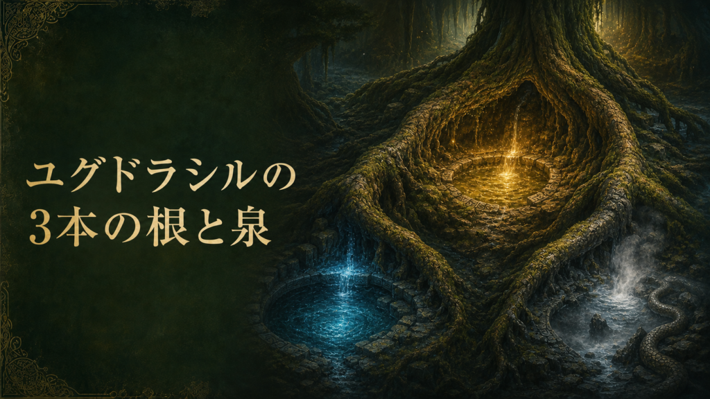 世界樹ユグドラシルから伸びる3本の根と、ウルズの泉、ミーミルの泉、フヴェルゲルニルを描いた北欧神話の見出し画像
