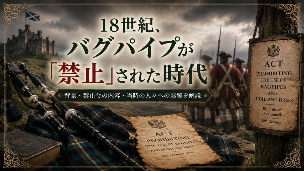 18世紀のスコットランドをイメージした風景に、バグパイプ、タータン、古い禁止令の文書、兵士たちを描いた見出し画像。「18世紀、バグパイプが『禁止』された時代」と書かれている。