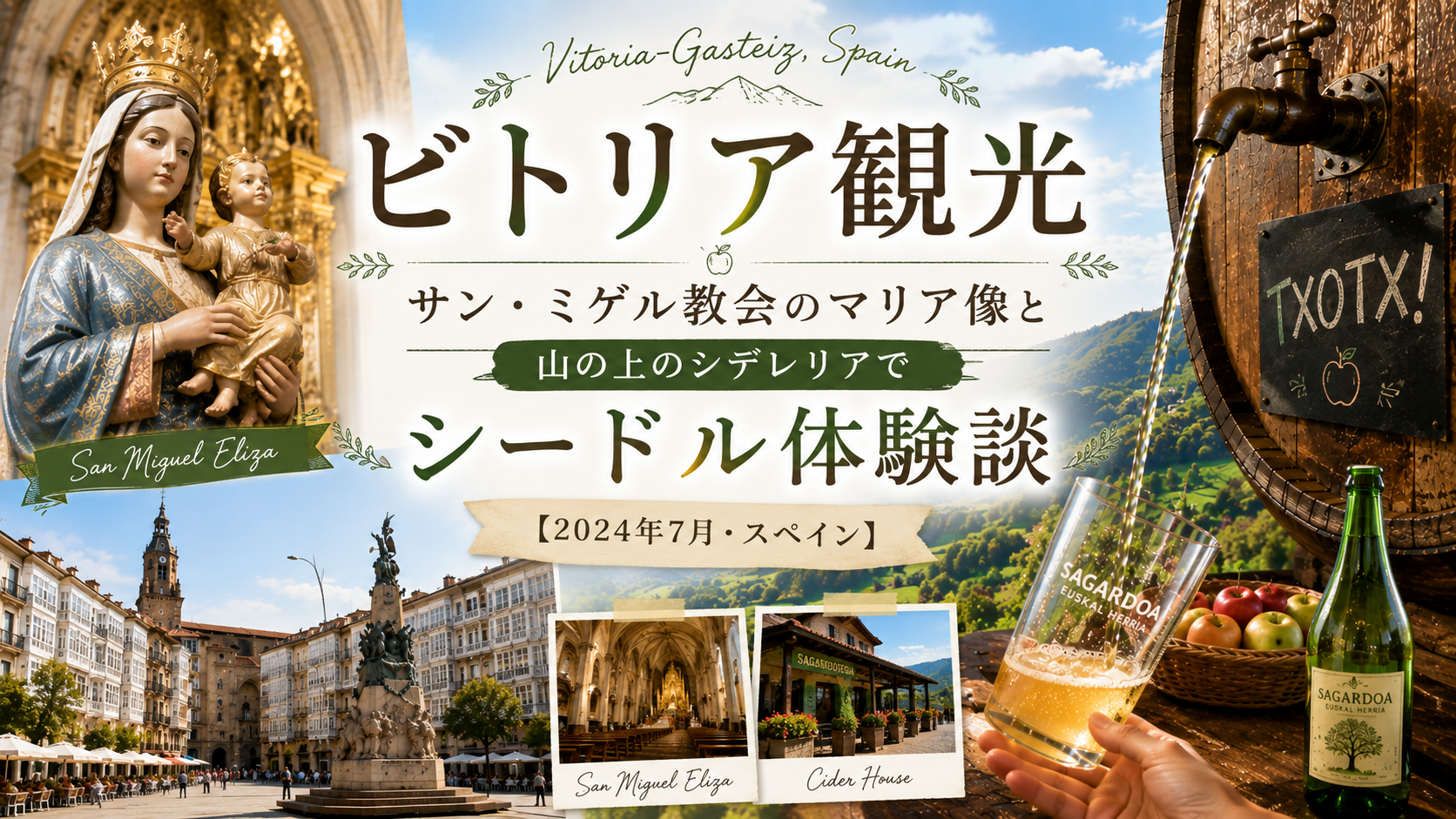 スペイン・ビトリア＝ガステイスの街並みとサン・ミゲル教会の聖母マリア像、山の上のシデレリアで大樽からグラスへシードルを注ぐtxotx体験を組み合わせたアイキャッチ画像。「ビトリア観光｜サン・ミゲル教会のマリア像と山の上のシデレリアでシードル体験談【2024年7月・スペイン】」と書かれている。