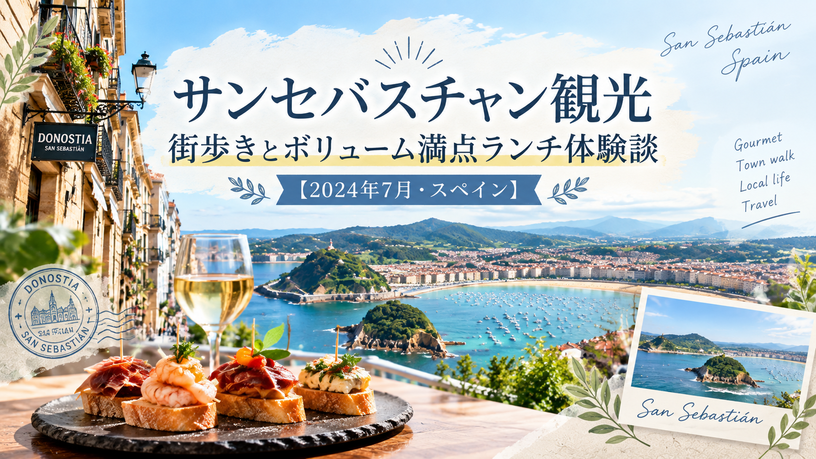 スペイン・サンセバスチャンの美しい湾と花に彩られた街並みを背景に、ステーキ、フライドポテト、豆のスープ、パン、ビールを並べたボリューム満点のランチを描いたアイキャッチ画像。「サンセバスチャン観光｜街歩きとボリューム満点ランチ体験談【2024年7月・スペイン】」と書かれている。