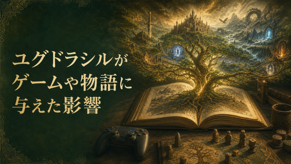 開かれた物語の本から世界樹ユグドラシルと冒険世界が広がり、ゲームや物語への影響を表した見出し画像