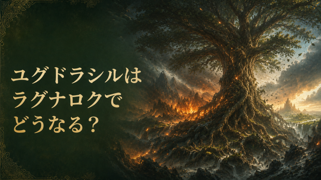 ラグナロクの炎と嵐の中で大きく揺れながら立ち続ける世界樹ユグドラシルを描いた見出し画像