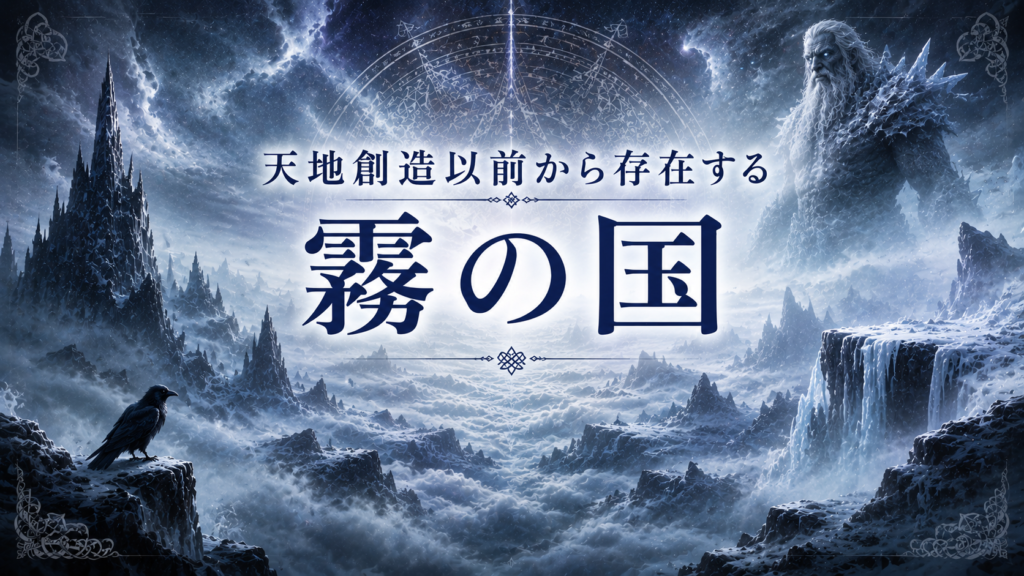 天地創造以前から存在するとされるニヴルヘイムを、霧と氷に覆われた幻想的な世界として描いた見出し画像。「天地創造以前から存在する霧の国」と書かれている。
