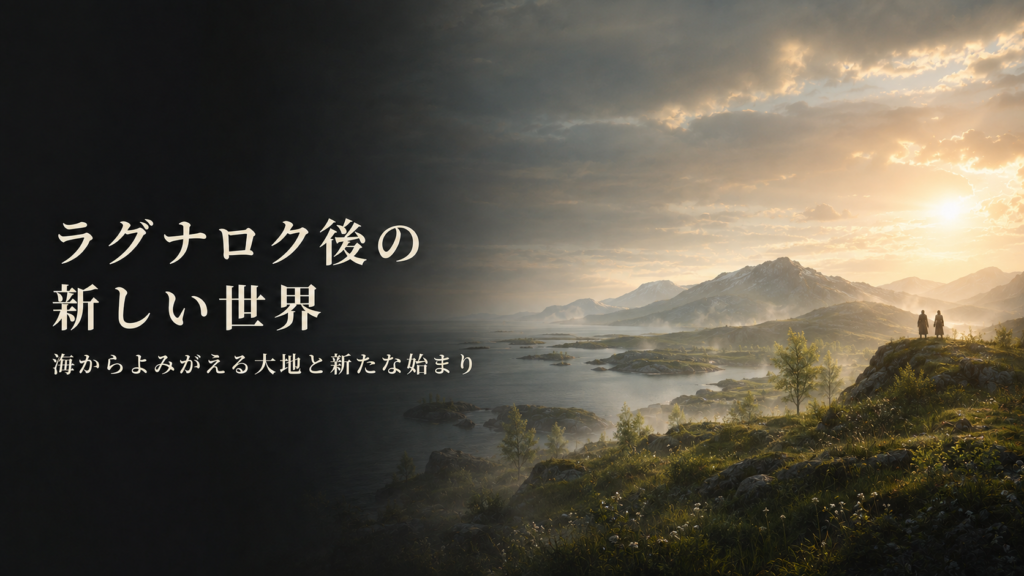 ラグナロク後に海からよみがえる新しい大地と、リーヴとリーヴスラシルを描いた北欧神話の見出し画像