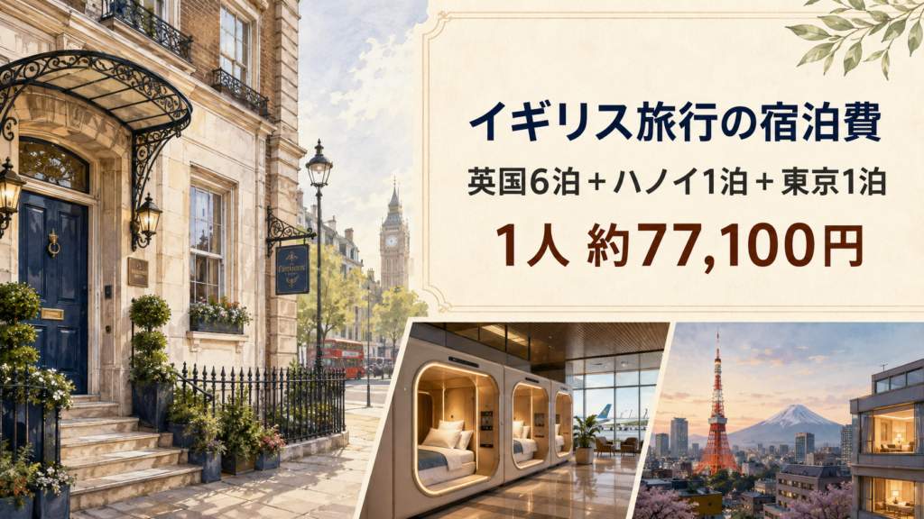 イギリス6泊・ハノイ1泊・東京1泊の宿泊費が1人約77,100円だったことを紹介する画像