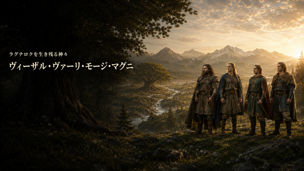 ラグナロクを生き残ったヴィーザル、ヴァーリ、モージ、マグニを描いた北欧神話の画像