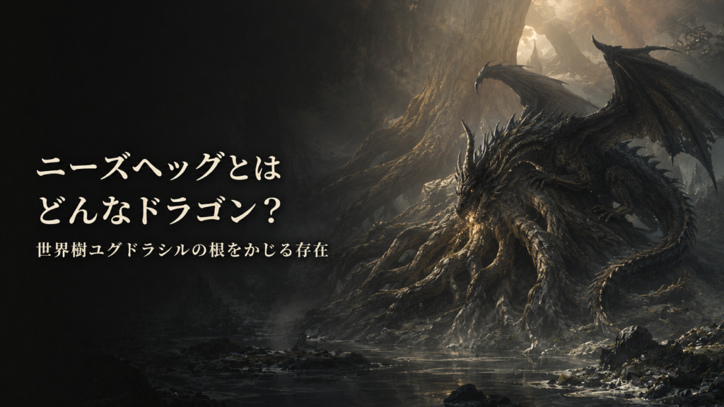 世界樹ユグドラシルの根元にいるニーズヘッグを描いた北欧神話の見出し画像