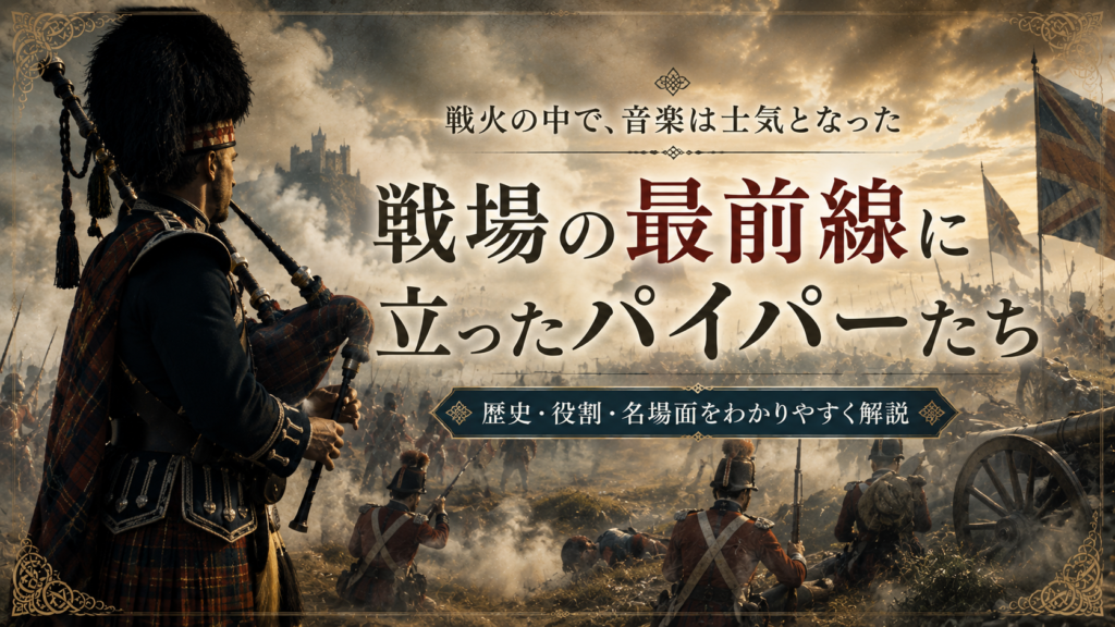 煙が立ち込める戦場の最前線で、軍服とタータンを身にまといバグパイプを演奏するパイパーを描いた見出し画像。「戦場の最前線に立ったパイパーたち」と書かれている。