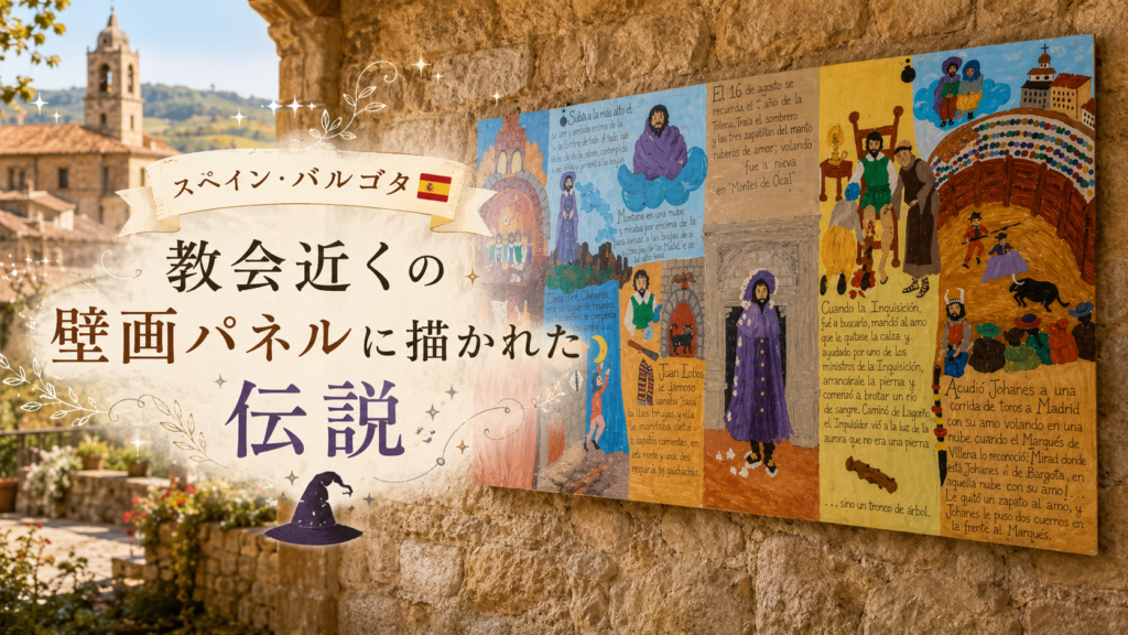 スペイン・バルゴタの教会近くの石壁に設置された、ヨハネス・デ・バルゴタの伝説を絵と文章で描いたカラフルな壁画パネルの見出し画像。