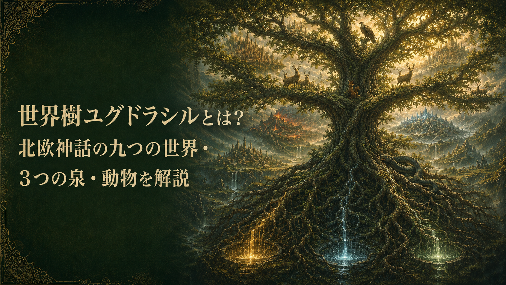 北欧神話の九つの世界を結ぶ世界樹ユグドラシルと、3つの泉、ワシ、ラタトスク、4頭の鹿、ニーズヘッグを描いたアイキャッチ画像