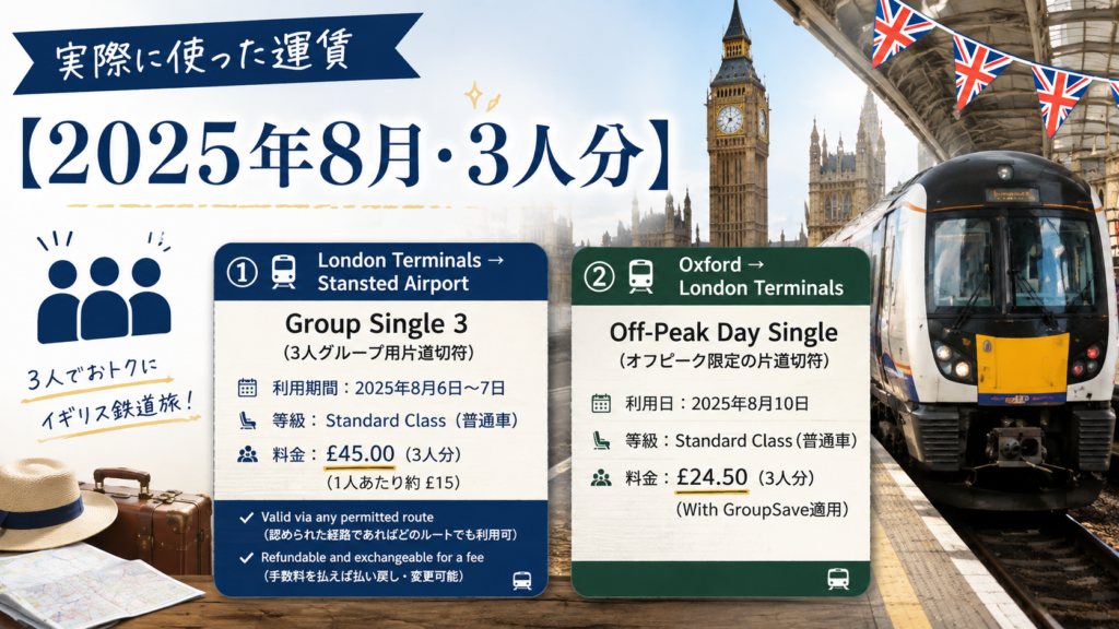 ロンドンの街並みとイギリスの鉄道車両を背景に、2025年8月に3人で実際に利用した2区間の運賃をまとめた見出し画像。ロンドン・ターミナルズからスタンステッド空港までのGroup Single 3が3人で£45.00、オックスフォードからロンドン・ターミナルズまでのGroupSave適用運賃が3人で£24.50と紹介されている。