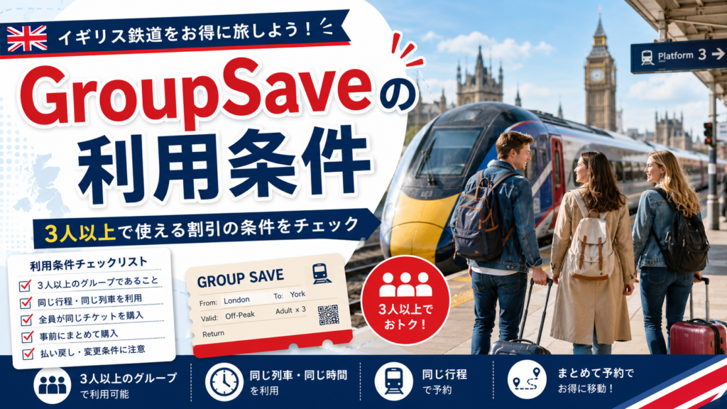 ロンドンの街並みとイギリス鉄道の列車を背景に、3人の旅行者、GroupSaveの乗車券、利用条件のチェックリストを配置した見出し画像。「GroupSaveの利用条件」と書かれ、3人以上で同じ行程・同じ列車を利用する場合の割引条件を紹介している。