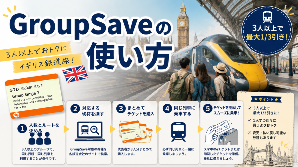 ロンドンの街並みとイギリス鉄道の列車を背景に、3人の旅行者とGroupSaveの乗車券、利用手順を示す5つのステップを配置した見出し画像。「GroupSaveの使い方」と書かれ、対象切符の検索、まとめて購入、同じ列車への乗車、チケット提示までの流れを紹介している。