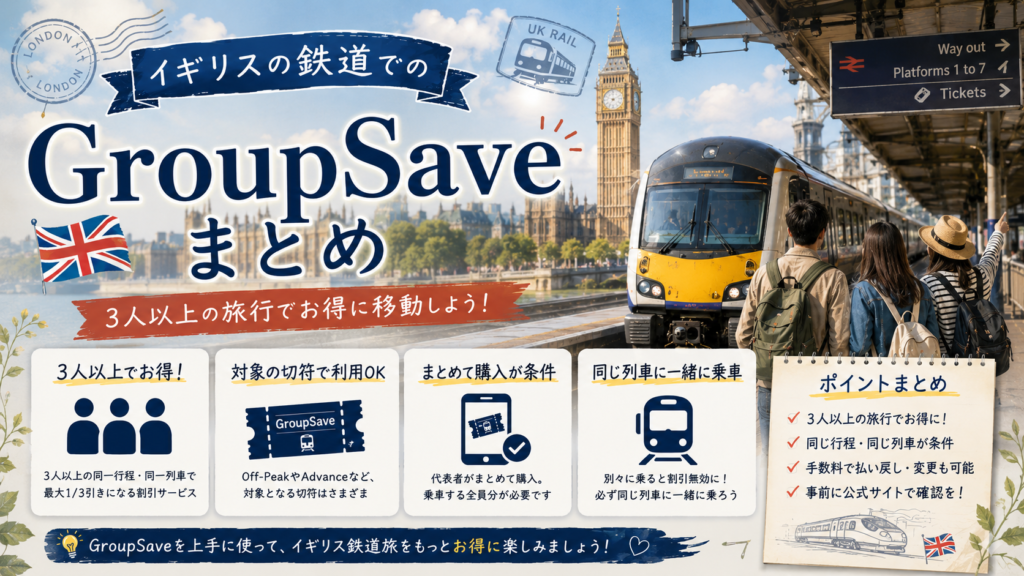 ロンドンの街並みとイギリス鉄道の列車を背景に、3人の旅行者とGroupSaveの利用ポイントを配置した見出し画像。「イギリスの鉄道でのGroupSaveまとめ」と書かれ、3人以上での利用、対象切符、まとめての購入、同じ列車への乗車などの条件を紹介している。