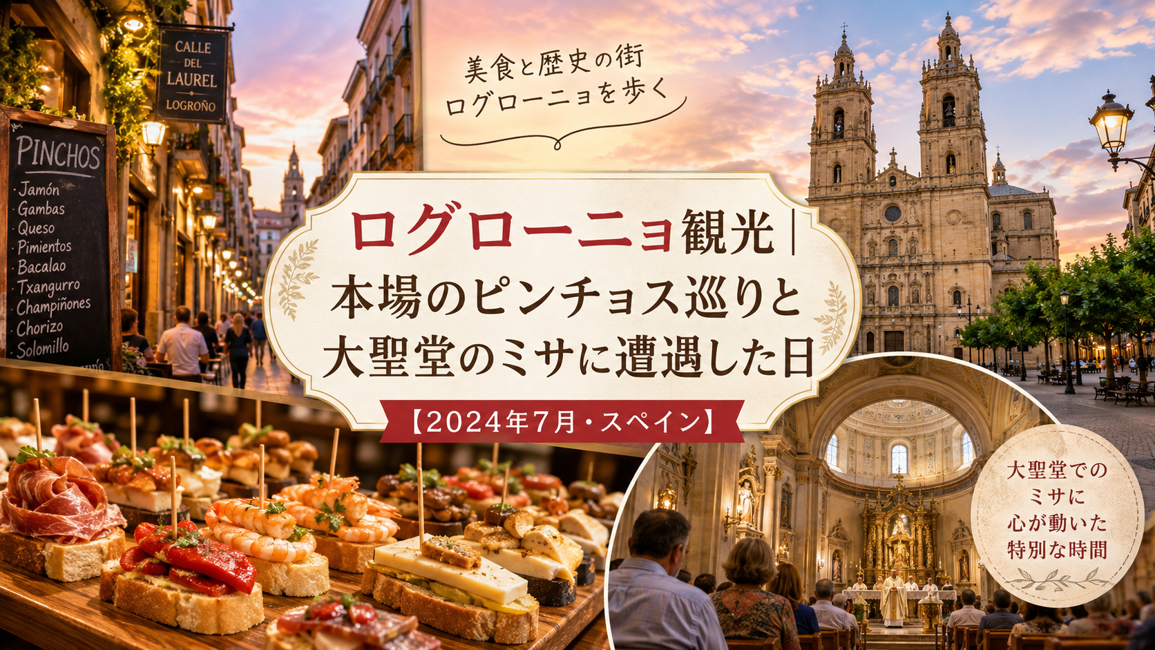 スペイン・ログローニョの旧市街とサンタ・マリア・デ・ラ・レドンダ共同大聖堂を背景に、本場のピンチョスが並ぶバルのカウンターと大聖堂のミサの様子を組み合わせたアイキャッチ画像。「ログローニョ観光｜本場のピンチョス巡りと大聖堂のミサに遭遇した日【2024年7月・スペイン】」と書かれている。