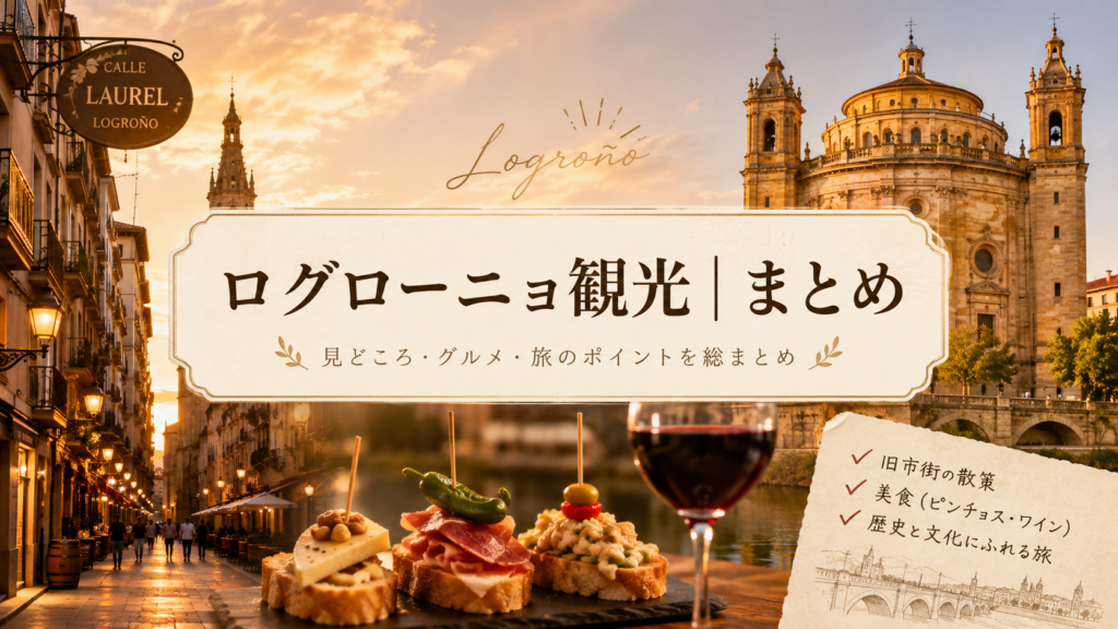 夕暮れのスペイン・ログローニョ旧市街と大聖堂を背景に、ピンチョスと赤ワインを配置した見出し画像。「ログローニョ観光|まとめ」と書かれ、街歩き、グルメ、歴史や文化など旅の見どころを総まとめしている。