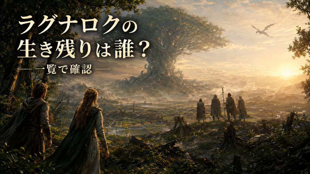 ラグナロク後の世界樹と生き残った人間・神々を描いた北欧神話の画像