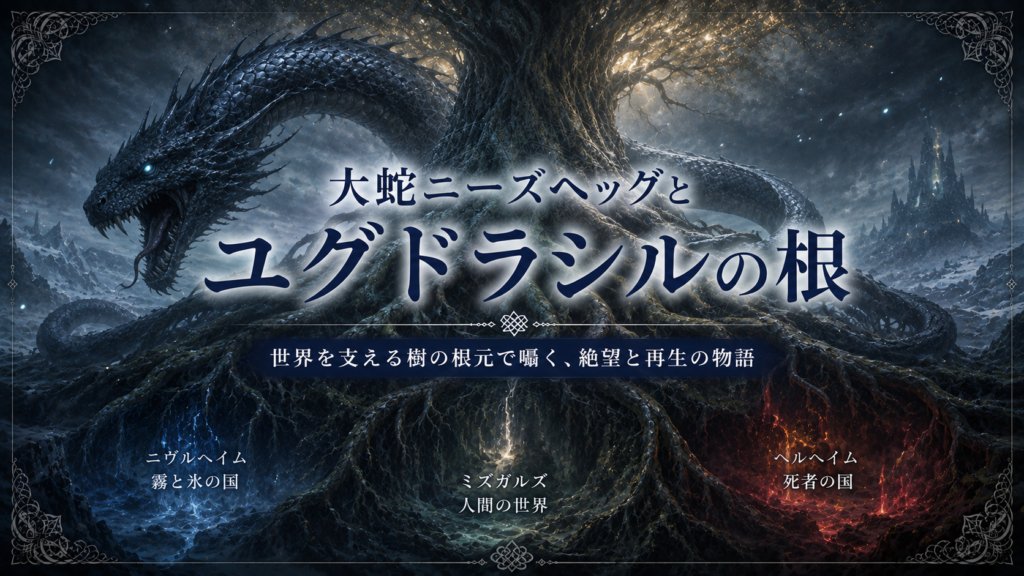 北欧神話の世界樹ユグドラシルの巨大な根に、大蛇ニーズヘッグが絡みつく幻想的な見出し画像。「大蛇ニーズヘッグとユグドラシルの根」と書かれている。