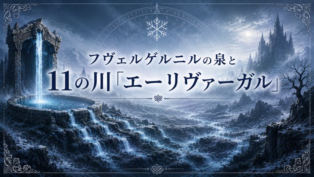 北欧神話のニヴルヘイムをイメージした霧と氷の世界に、フヴェルゲルニルの泉とそこから流れ出す11の川エーリヴァーガルを幻想的に描いた見出し画像。