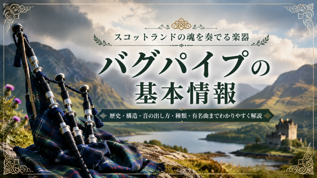 スコットランドの山々と湖、古城を背景に、タータンチェックの布の上に置かれたバグパイプを描いた見出し画像。「バグパイプの基本情報」と書かれている。