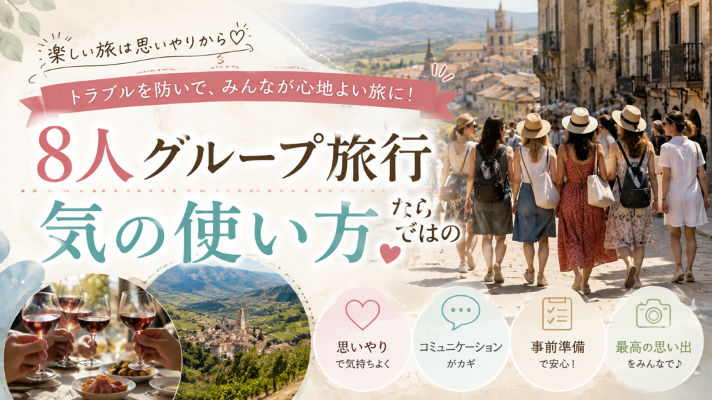 スペインの歴史ある街並みを歩く8人の旅行グループと、ワインで乾杯する様子、山やブドウ畑の風景を組み合わせた見出し画像。「8人グループ旅行ならではの気の使い方」と書かれ、思いやり・コミュニケーション・事前準備の大切さを表している。