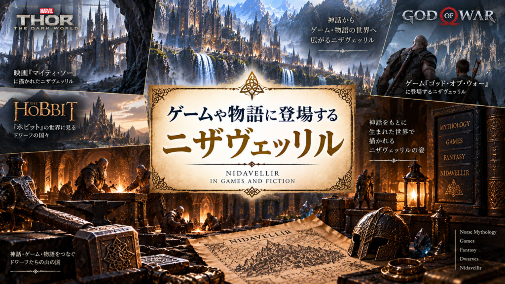 北欧神話のニザヴェッリルをもとにした幻想的なドワーフの都市や鍛冶場、地図や武具を組み合わせ、ゲームや物語へ広がった世界観を表現した見出し画像。「ゲームや物語に登場するニザヴェッリル」と書かれている。