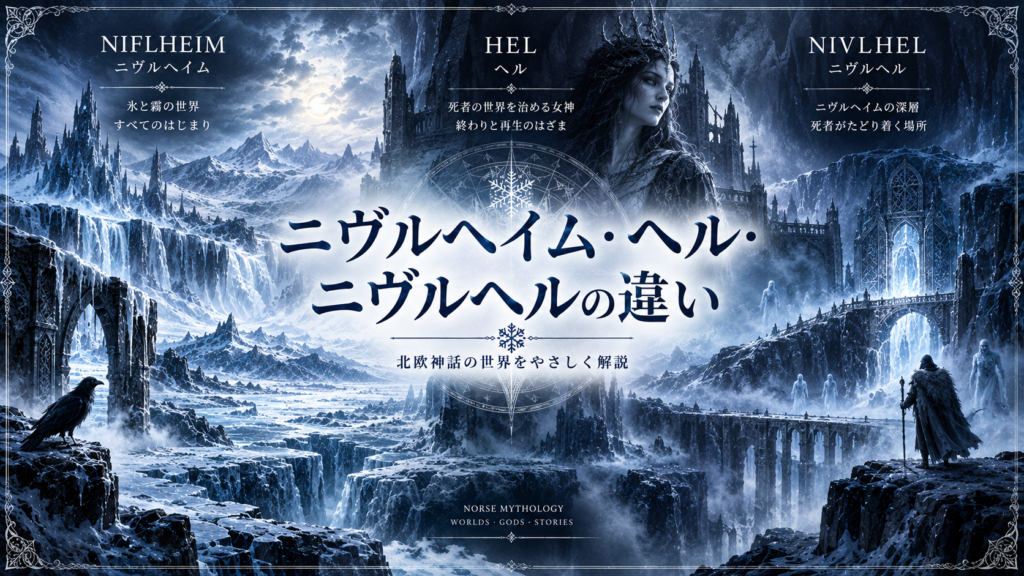 北欧神話のニヴルヘイム、死者の世界を治めるヘル、ニヴルヘルを、氷と霧に覆われた異なる領域として対比して描いた見出し画像。「ニヴルヘイム・ヘル・ニヴルヘルの違い」と書かれている。