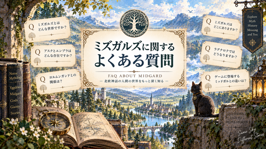 北欧神話のミズガルズをイメージした自然豊かな世界を背景に、場所・アスクとエンブラ・ヨルムンガンド・ラグナロク・ゲームのミッドガルとの違いなど、よくある質問をまとめた見出し画像。