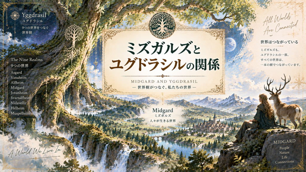 北欧神話の世界樹ユグドラシルと、その一部として広がる人間の世界ミズガルズを、山・川・森・町とともに描いた見出し画像。「ミズガルズとユグドラシルの関係」と書かれている。