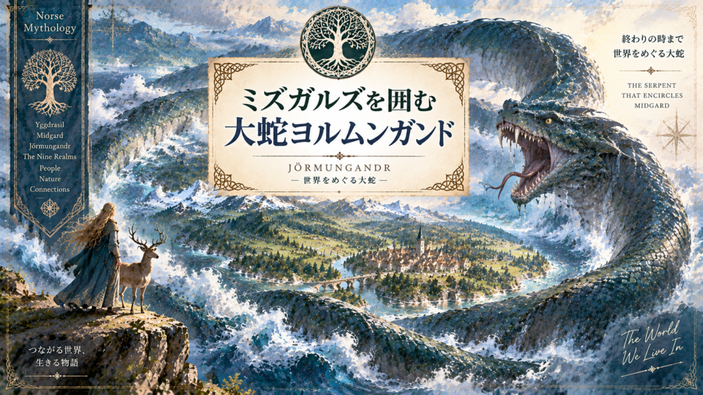 北欧神話の人間の世界ミズガルズを取り囲むように、巨大な大蛇ヨルムンガンドが海から姿を現す様子を描いた見出し画像。「ミズガルズを囲む大蛇ヨルムンガンド」と書かれている。