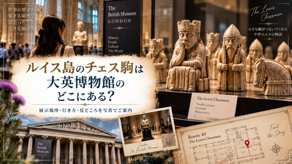 大英博物館の館内とルイス島のチェス駒の展示ケース、館内マップを組み合わせ、チェス駒をどこで見られるのかを案内する見出し画像。「ルイス島のチェス駒は大英博物館のどこにある?」と書かれている。