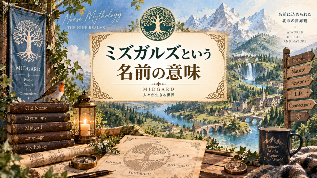 北欧神話のミズガルズをイメージした自然豊かな世界と、古ノルド語・語源・世界樹ユグドラシルに関する書物や地図を組み合わせた見出し画像。「ミズガルズという名前の意味」と書かれている。