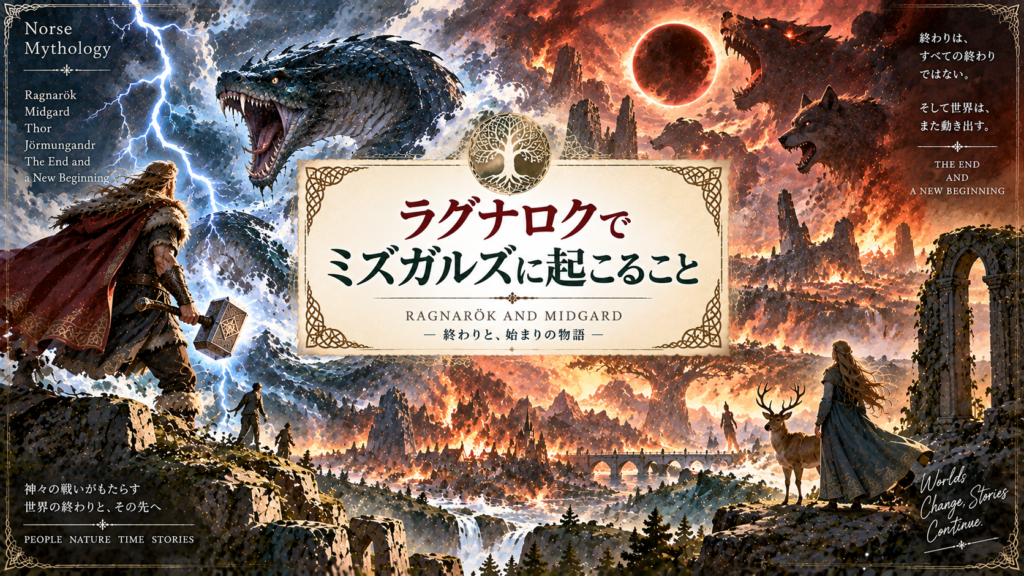 北欧神話のラグナロクをイメージし、炎に包まれるミズガルズと雷神トール、大蛇ヨルムンガンド、世界の終末と再生を描いた見出し画像。「ラグナロクでミズガルズに起こること」と書かれている。