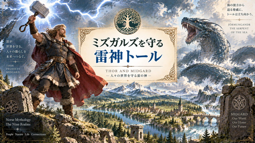 北欧神話のミズガルズを背景に、雷をまとったミョルニルを掲げる雷神トールと、海から迫る大蛇ヨルムンガンドを描いた見出し画像。「ミズガルズを守る雷神トール」と書かれている。