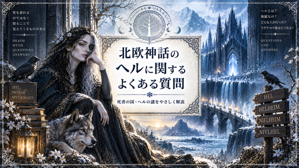 北欧神話の女神ヘルと氷や霧に包まれた死者の国を背景に、ヘルとは何か、地獄との違い、死後に誰が向かうのか、ラグナロク後の世界などの疑問をまとめた見出し画像。
