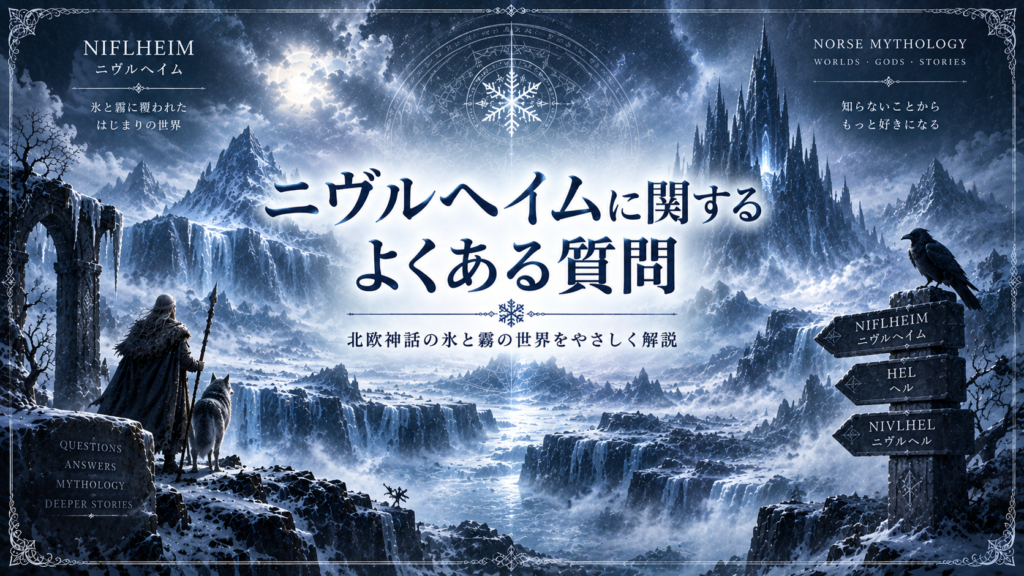 北欧神話のニヴルヘイムをイメージした霧と氷の世界を背景に、ヘルやニヴルヘルとの違いなど、ニヴルヘイムに関する疑問をまとめた見出し画像。「ニヴルヘイムに関するよくある質問」と書かれている。