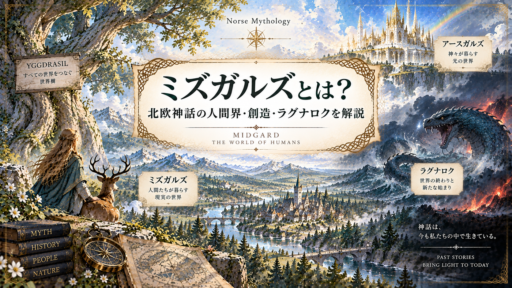 北欧神話の人間界ミズガルズを中心に、世界樹ユグドラシル、神々の世界アースガルズ、大蛇ヨルムンガンド、ラグナロクを組み合わせて描いたアイキャッチ画像。「ミズガルズとは？北欧神話の人間界・創造・ラグナロクを解説」と書かれている。