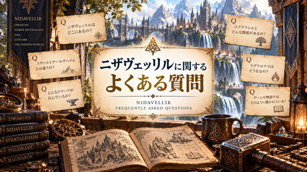 北欧神話のニザヴェッリルをイメージした山岳都市と古書、鍛冶道具を背景に、場所・スヴァルトアールヴヘイムとの違い・ドワーフ・ユグドラシル・ラグナロク・ゲーム作品との関係など、よくある質問をまとめた見出し画像。