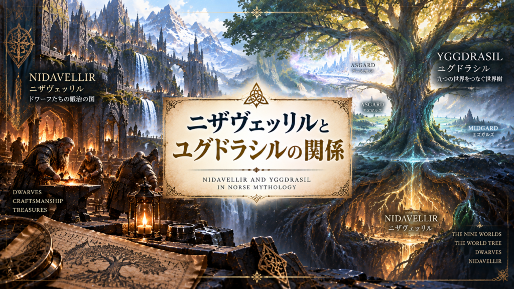 北欧神話の世界樹ユグドラシルと、その根元に広がるニザヴェッリルの山岳都市や鍛冶をするドワーフたちを描いた見出し画像。「ニザヴェッリルとユグドラシルの関係」と書かれている。