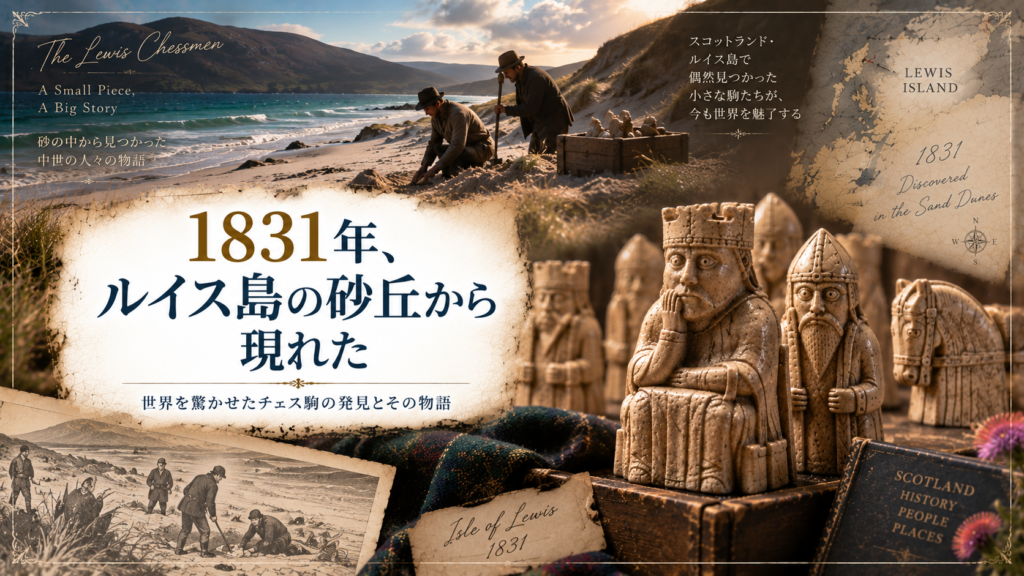 1831年のスコットランド・ルイス島をイメージし、海辺の砂丘からルイス島のチェス駒が発見される場面と、チェス駒や古地図を組み合わせた見出し画像。「1831年、ルイス島の砂丘から現れた」と書かれている。