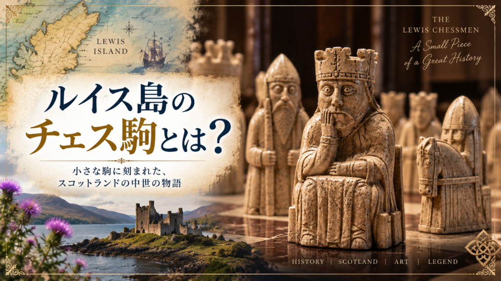 中世のルイス島のチェス駒を中心に、王や女王、司教、騎士などの特徴的な駒と、スコットランドの海辺や古い地図を組み合わせて紹介する見出し画像。「ルイス島のチェス駒とは?」と書かれている。