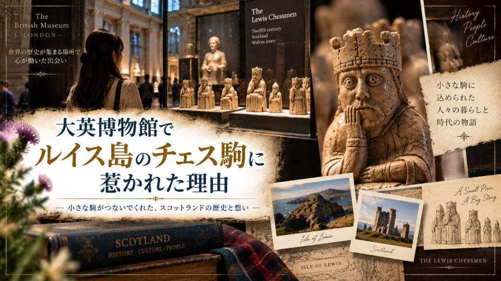 大英博物館に展示されたルイス島のチェス駒を中心に、独特な表情の駒やスコットランドの地図、海岸風景、タータンを組み合わせ、その歴史や文化に惹かれた理由を表現した見出し画像。「大英博物館でルイス島のチェス駒に惹かれた理由」と書かれている。
