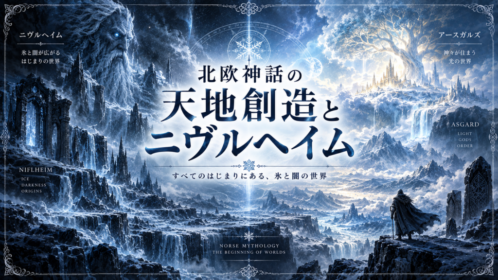 北欧神話の天地創造をイメージし、霧と氷に覆われたニヴルヘイムと、世界が形づくられていく神話的な風景を描いた見出し画像。「北欧神話の天地創造とニヴルヘイム」と書かれている。