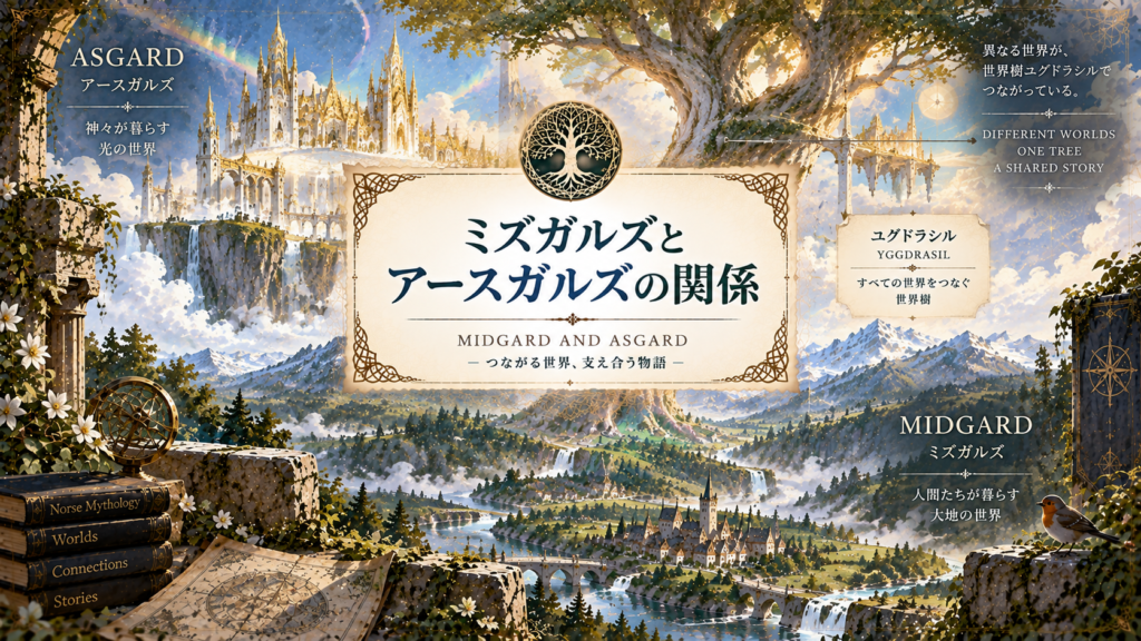 北欧神話の人間界ミズガルズと神々の世界アースガルズが、世界樹ユグドラシルを通してつながる様子を描いた見出し画像。「ミズガルズとアースガルズの関係」と書かれている。
