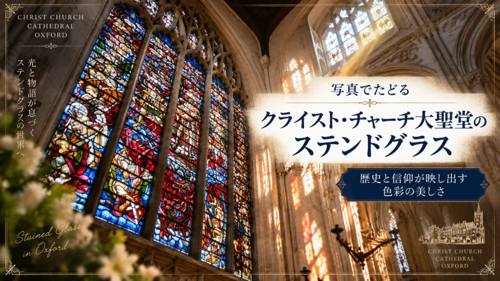 オックスフォードのクライスト・チャーチ大聖堂内部で、色鮮やかなステンドグラスに光が差し込み、石造りの壁や柱に色彩が映る様子を描いた見出し画像。「写真でたどるクライスト・チャーチ大聖堂のステンドグラス」と書かれている。