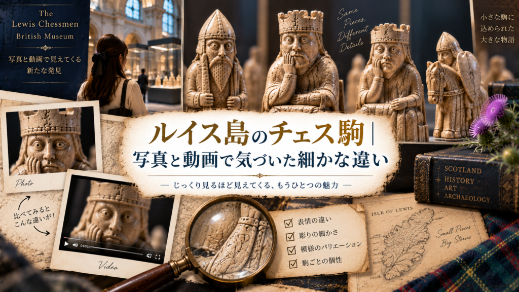 大英博物館で撮影したルイス島のチェス駒を、写真と動画で見比べながら、表情・彫刻・衣装・姿勢などの細かな違いに注目して紹介する見出し画像。「ルイス島のチェス駒|写真と動画で気づいた細かな違い」と書かれている。