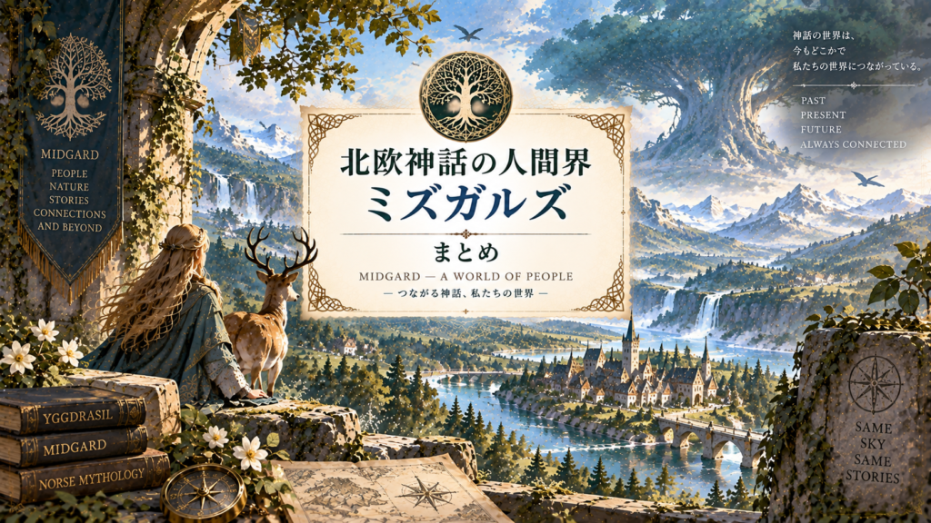 北欧神話の人間界ミズガルズを、世界樹ユグドラシルにつながる山・川・森・町の広がる世界として描いた見出し画像。「北欧神話の人間界ミズガルズ｜まとめ」と書かれている。