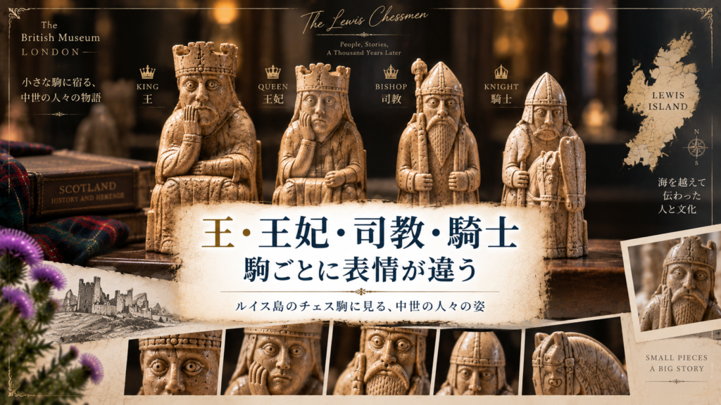 ルイス島のチェス駒の王・王妃・司教・騎士を並べ、それぞれの表情や姿勢、衣装、彫刻の違いが比較できるように紹介した見出し画像。「王・王妃・司教・騎士|駒ごとに表情が違う」と書かれている。