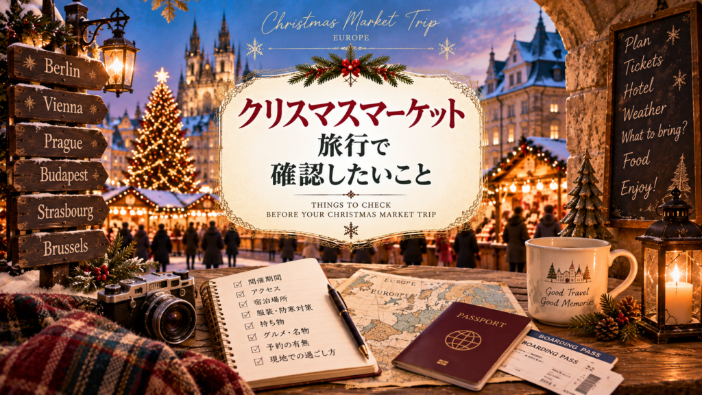 ヨーロッパのクリスマスマーケットを背景に、開催期間・アクセス・宿泊・服装・持ち物などを確認する旅行ノートや地図、パスポート、カメラを組み合わせた見出し画像。「クリスマスマーケット旅行で確認したいこと」と書かれている。